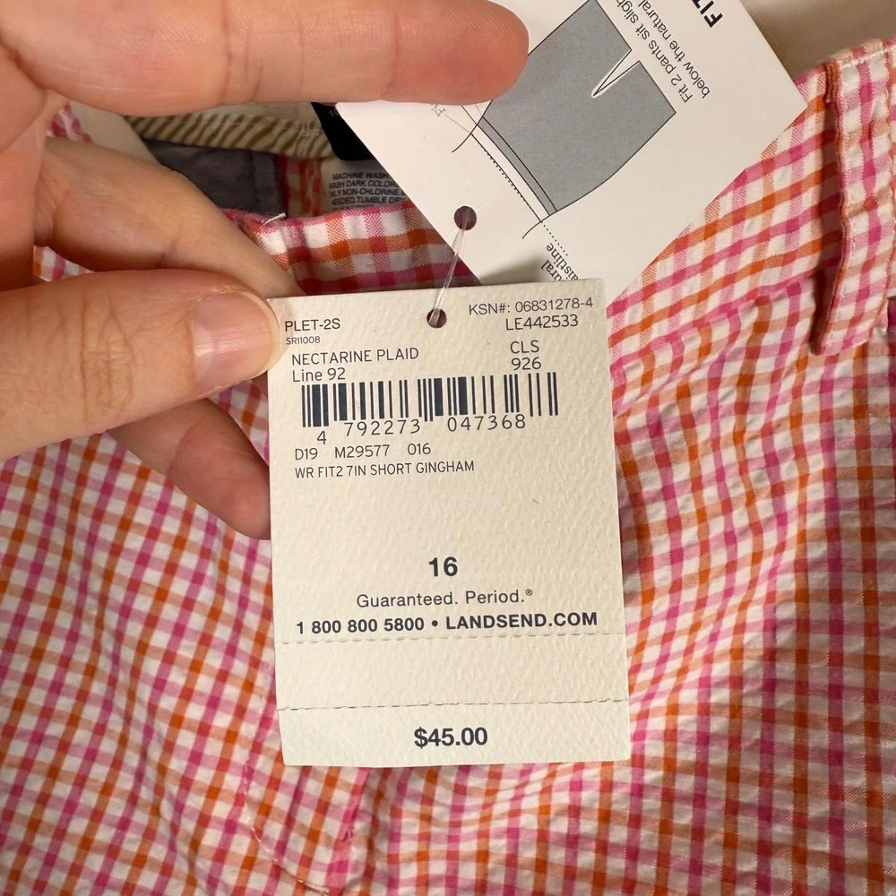 NEW‎ Lands' End Fit 2 Gingham Shorts Seer Sucker 16 Plaid 7 Inch Inseam NWT